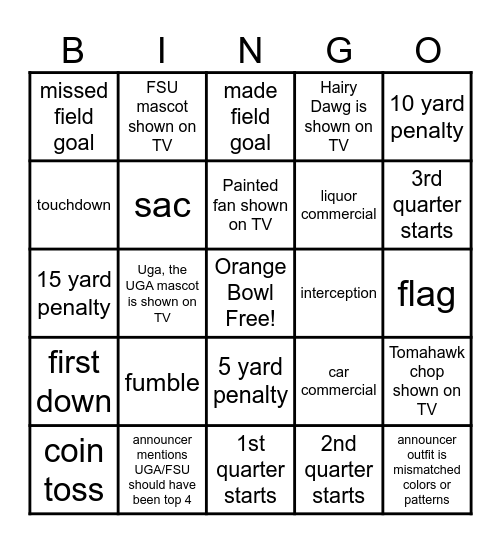 Orange Bowl 2023 Bingo Card