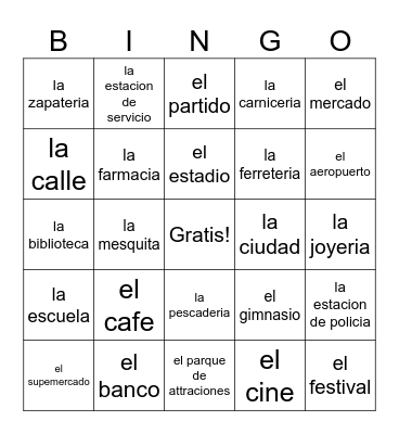Spanish Around the Town Bingo Card