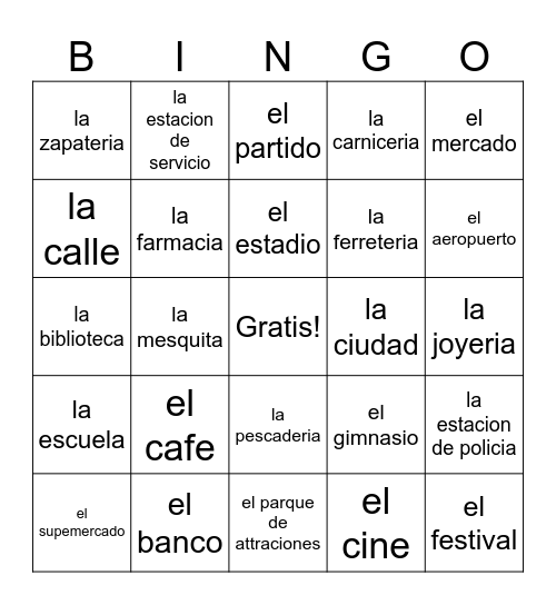 Spanish Around the Town Bingo Card