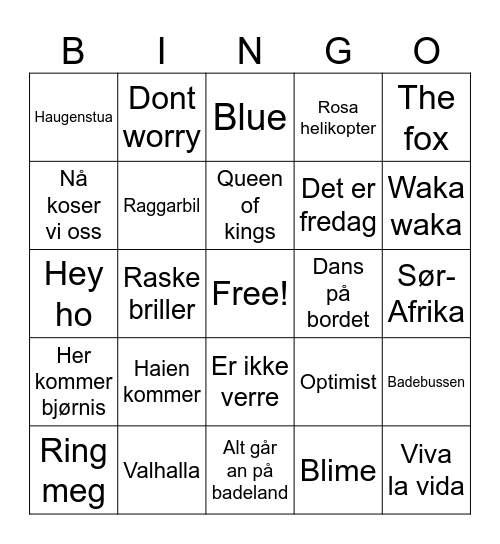 Musikkbingo Card