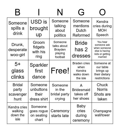 De Boer Wedding BINGO Card