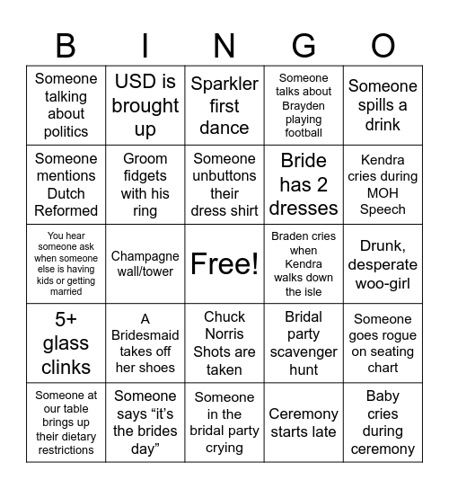 De Boer Wedding BINGO Card