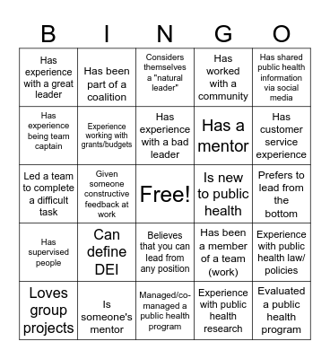 PBH645 Leadership Bingo Card