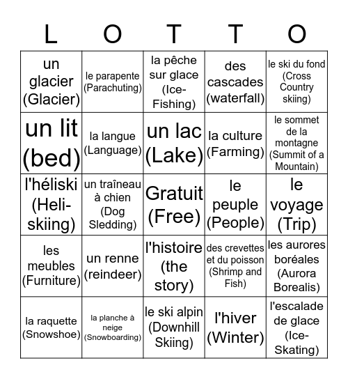 Destinations d'hiver Bingo Card