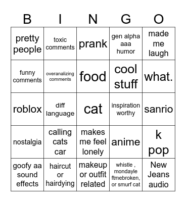 Instagram reel bingo Card