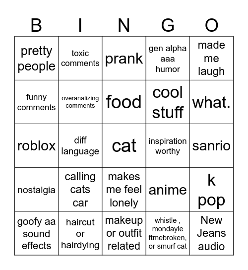 Instagram reel bingo Card