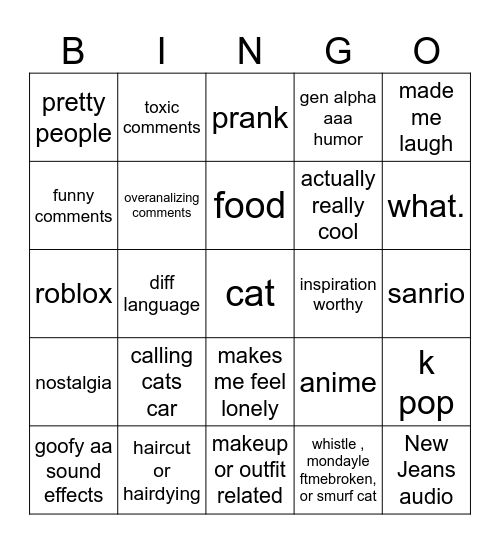 Instagram reel bingo Card