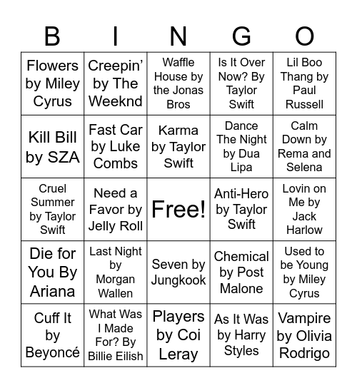 Billboard 2023 Hits Bingo Card