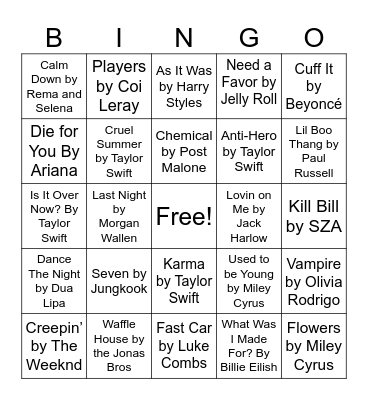 Billboard 2023 Hits Bingo Card