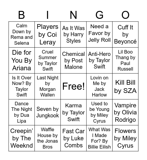 Billboard 2023 Hits Bingo Card