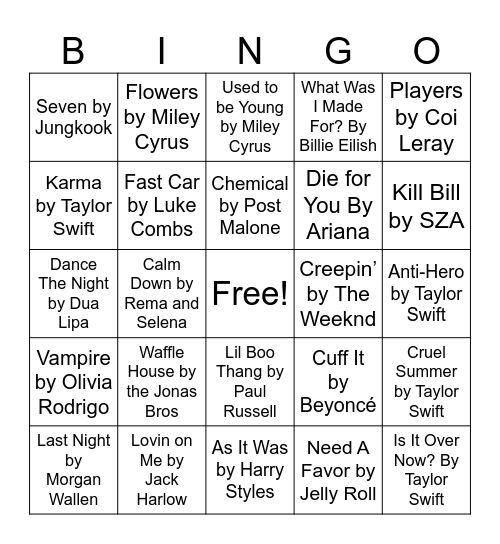 Billboard 2023 Hits Bingo Card