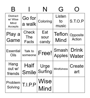 DBT/Coping Skills Bingo Card