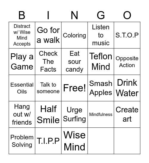 DBT/Coping Skills Bingo Card