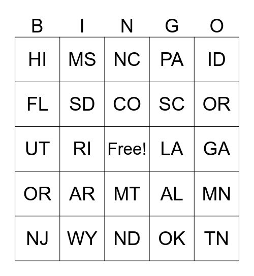 State Bingo Card