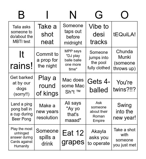 2023 NYE Bingo Card Bingo Card