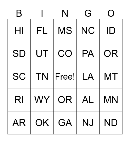 State Bingo Card