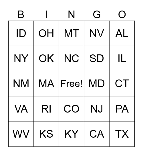 State Bingo Card