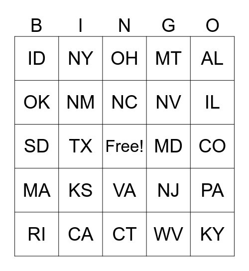 State Bingo Card