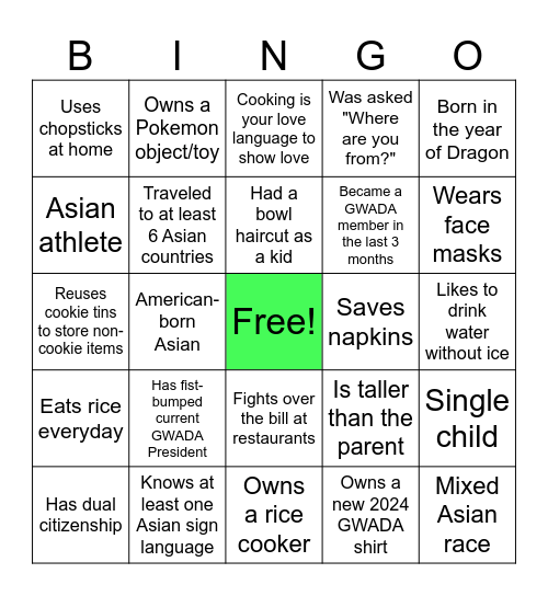 GWADA Asian Bingo Card