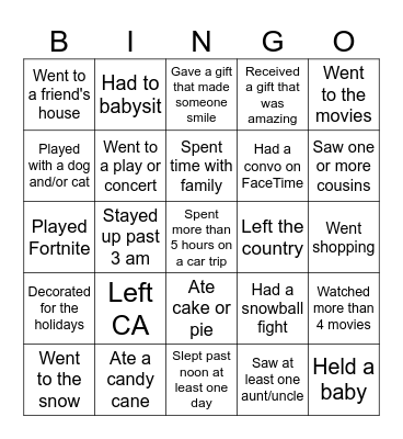 Over winter break...Find someone who.... Bingo Card