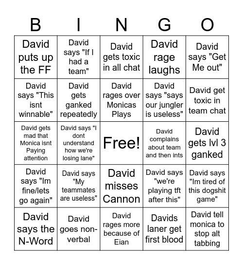 David League Bingo Card