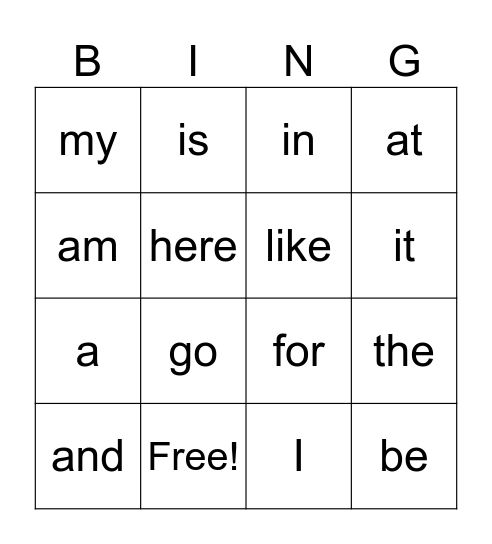 Heart Words Bingo Card