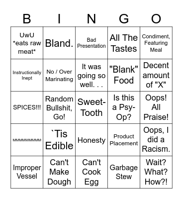 Bad Cooking Bingo by Spotteh and Brookie Bingo Card