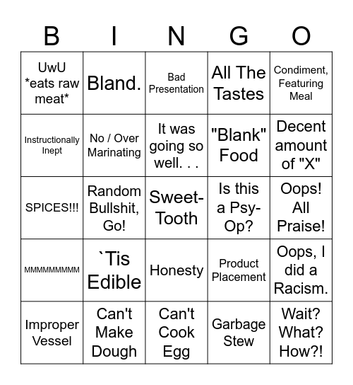 Bad Cooking Bingo by Spotteh and Brookie Bingo Card