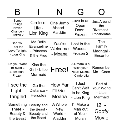 Disney Songs Bingo Card