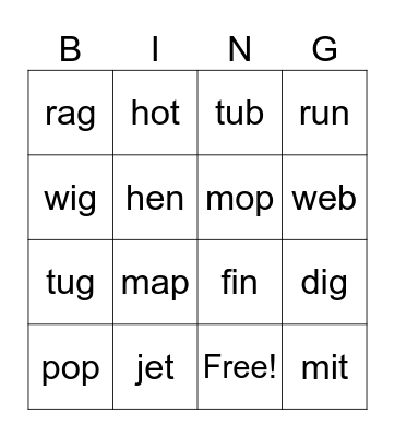 CVC words Bingo Card