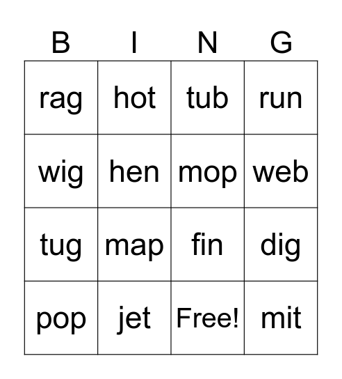 CVC words Bingo Card