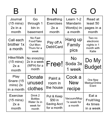 Monthly Goals Bingo Card