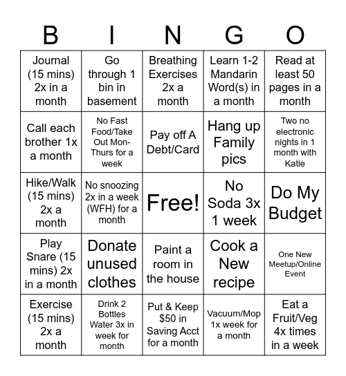 Monthly Goals Bingo Card