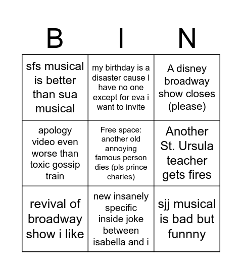 2024 Bingo (But specific to me) Bingo Card