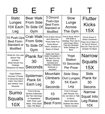 Be Fit Bingo Card
