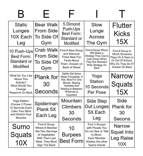 Be Fit Bingo Card