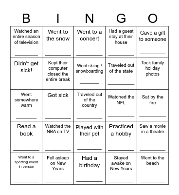 Winter Break Bingo Card