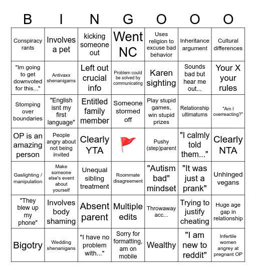 Reddit AITA Bingo Card