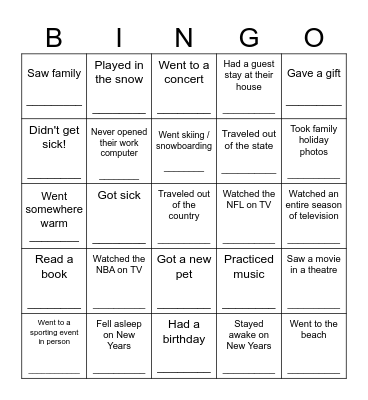 Winter Break Bingo Card