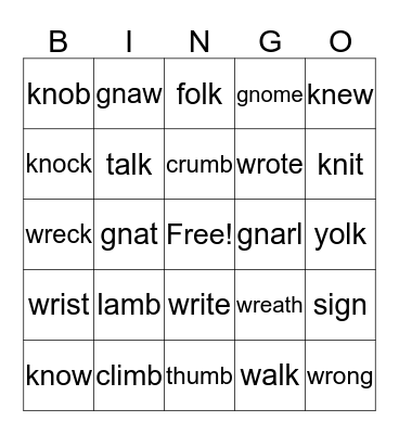 silent letters Bingo Card