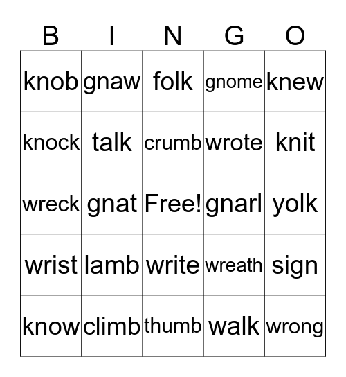 silent letters Bingo Card