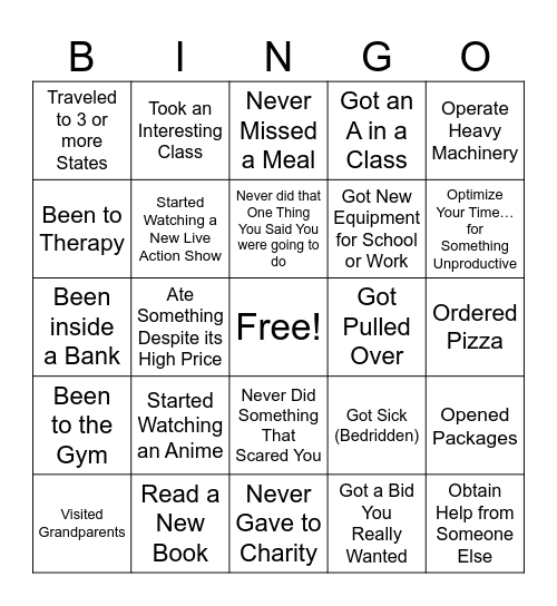Things I’ve Done This Year Bingo Card