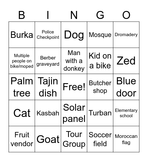 Morocco Bus Ride Bingo Card