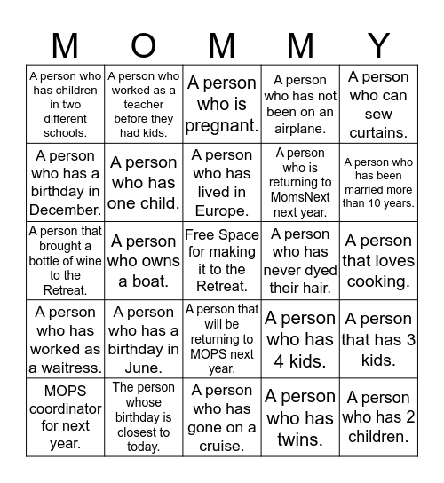 MomsNext and MOPS Retreat 2016 Bingo Card