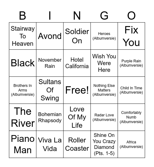 top2000 Bingo Card