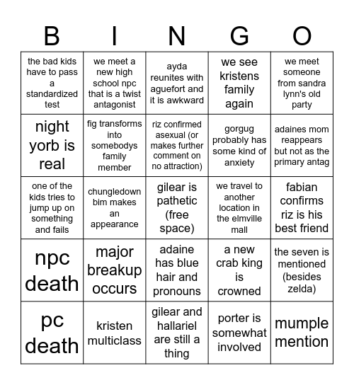 FANTASY HIGH BINGO Card