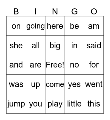 Sight Words Bingo Card