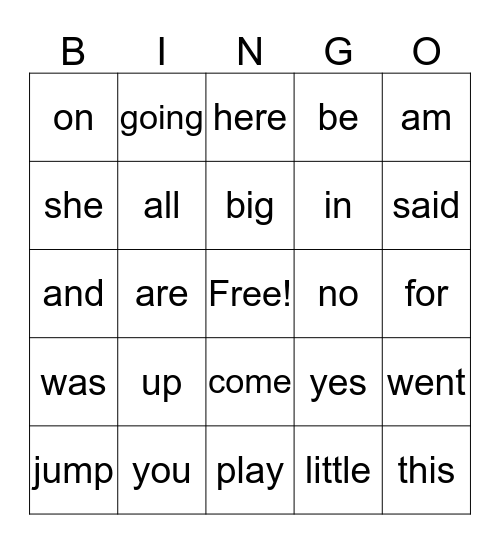 Sight Words Bingo Card