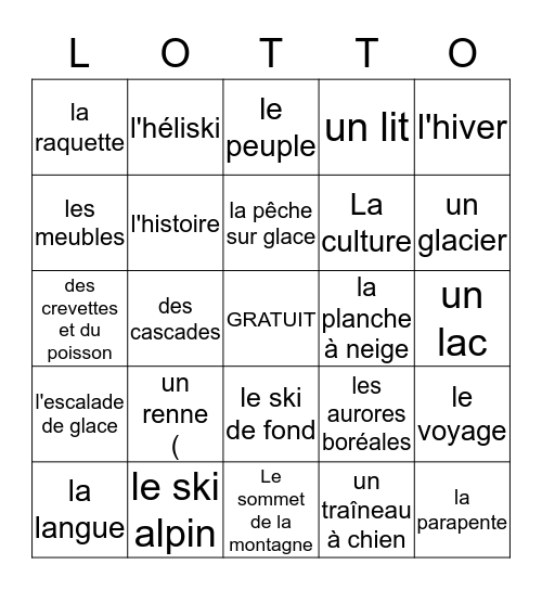 Destinations d'hiver Bingo Card