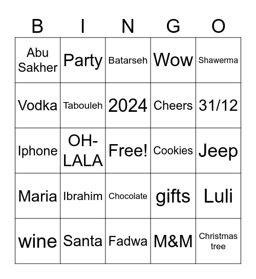 New Year's Eve 2024 Bingo Card